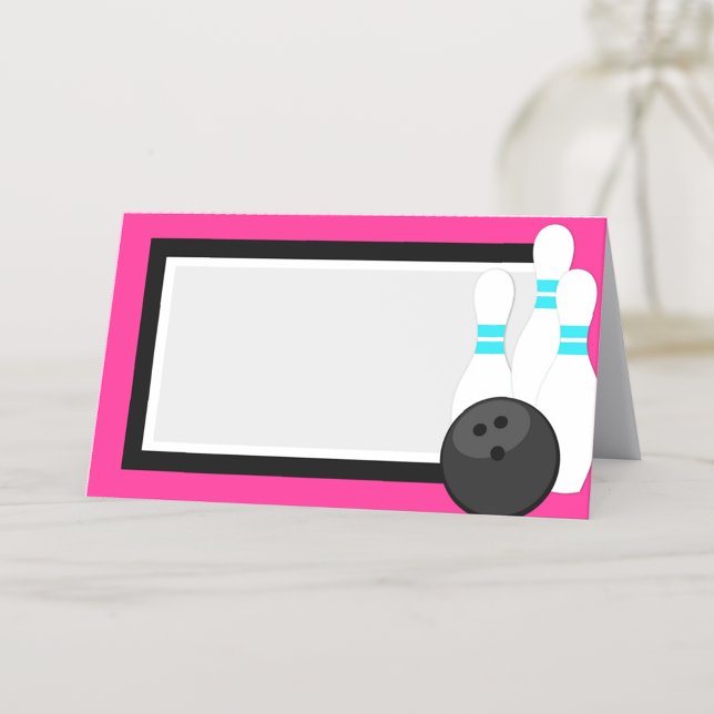 Neon Rosa Bowling Folding-etikett eller Namn-kort Placeringskort (Pink Neon Bowling Name Place cards or Food and Drink Label Cards for Bowling Party or Banquet)