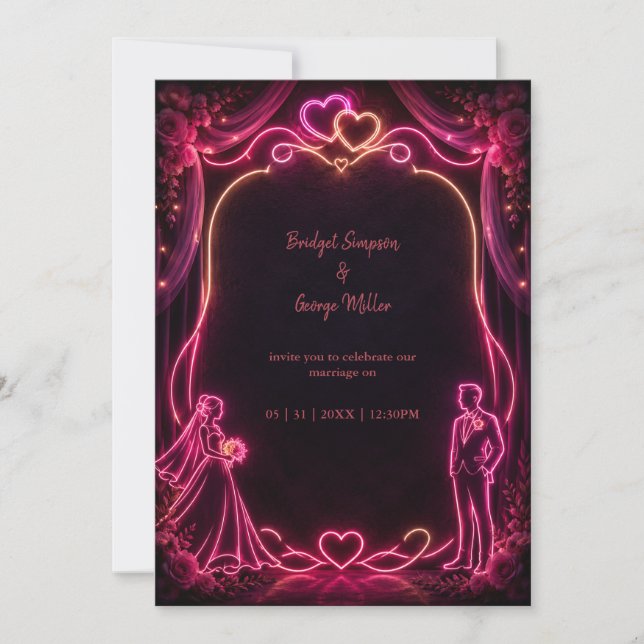 Neon rosa Brud Brudgum Bröllop Ljuv Glöd Inbjudningar (Framsida)