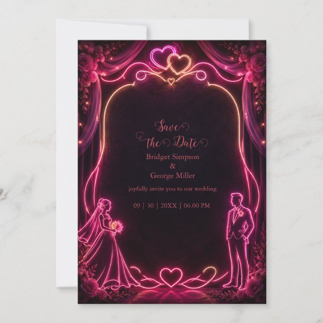 Neon rosa Brud Groom Bröllop Kärlek Glöd Inbjudningar (Framsida)
