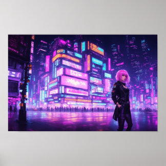 Neon Rosa Cyberpunk City Poster