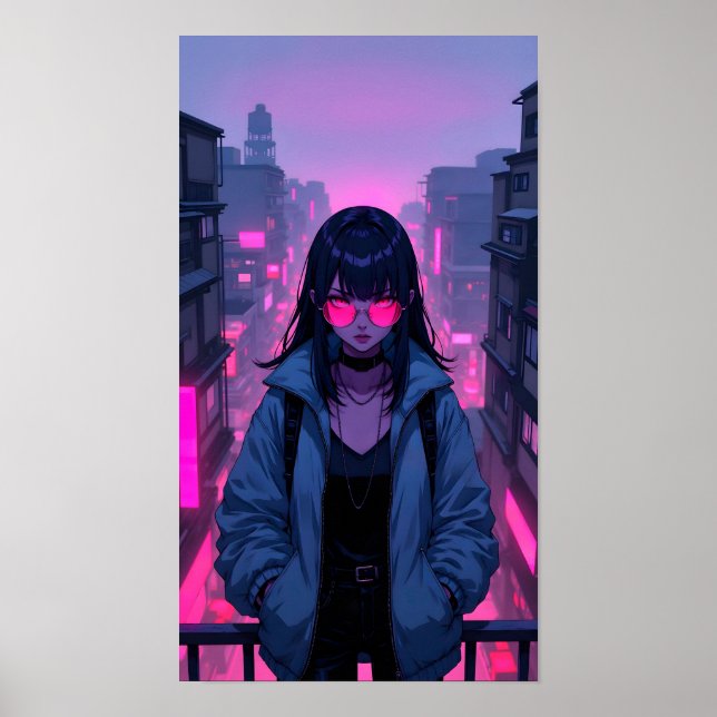 Neon Rosa Cyberpunk Flicka Stad Porträtt Poster (Framsidan)