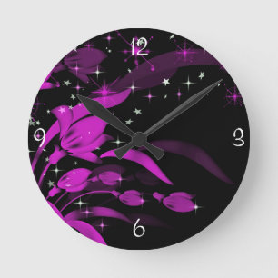 Neon Rosa Flowers, Black Wall Clock Rund Klocka