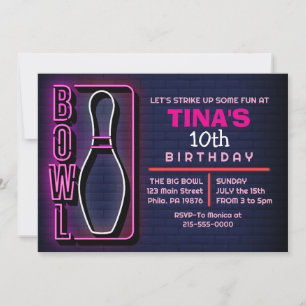 NEON ROSA FÖDELSEDAGSFEST BOWLING VUXEN FIRANDE INBJUDNINGAR