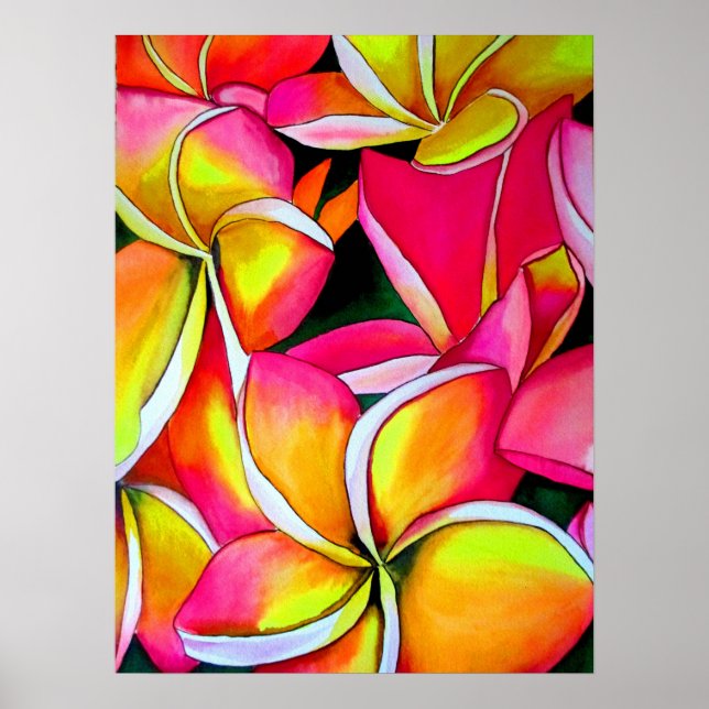 Neon Rosa Frangipani Plumeria vattenfärgsart Poster (Framsidan)