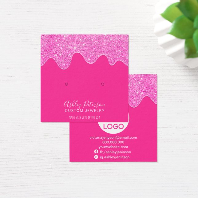 Neon rosa glitter droppar, visning för örhängen fyrkantigt visitkort (Skivbord)