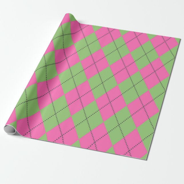 Neon Rosa Grön Argyle Diamant Mönster Presentpapper (Utrullad)