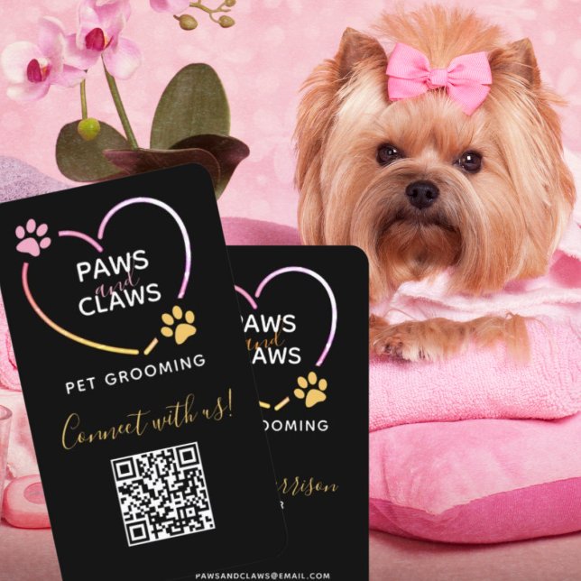 Neon Rosa Gult Pet Grooming QR-kod Visitkort (Skapare uppladdad)