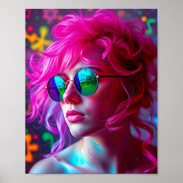 Neon Rosa-hårade kvinnor med reflekterande glas - Poster