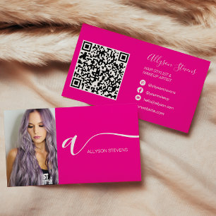 Neon rosa-hårsmakeup fotoinledande qr-kod visitkort