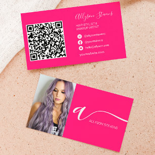 Neon rosa-hårsmakeup fotoinledande qr-kod visitkort