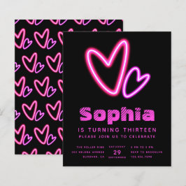 Neon Rosa Hearts budget Födelsedagsfest inbjudan