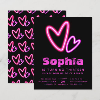 Neon Rosa Hearts budget Födelsedagsfest inbjudan