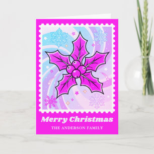 Neon Rosa Holly & Berries jul Postage Frimärke Helgkort