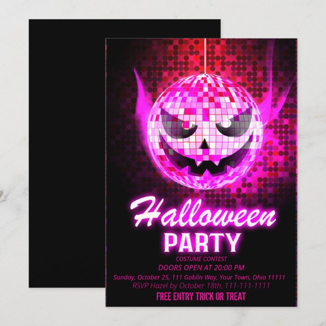 Neon Rosa Jack O Lantern Disco Boll Halloween Inbjudningar (Fram/baksida)