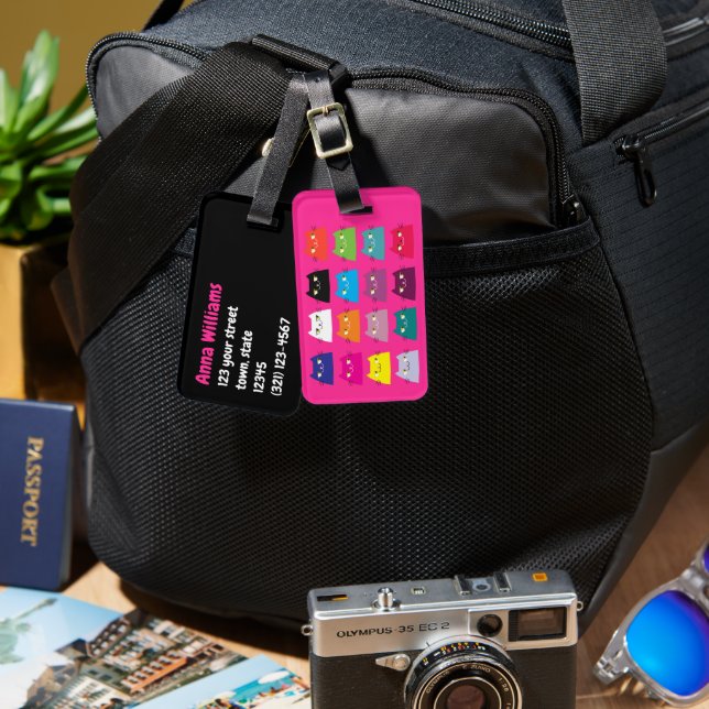 Neon Rosa Katt Bagageetikett Djärv Resa Söt Bagagebricka (Fram & Baksida)