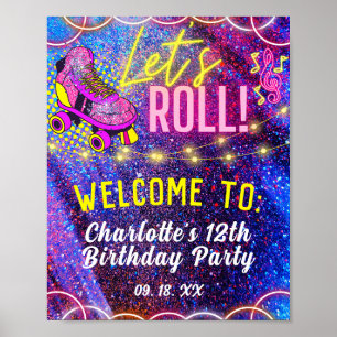 Neon Rosa Låt oss Roll Roller Skating Party Välkom Poster