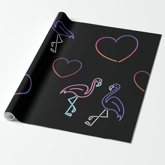 Neon Rosa Lila Flamingo och Hjärtan  Presentpapper (Utrullad)
