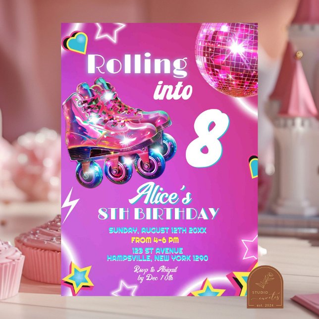 Neon Rosa Lila Girl Girl Girl Skate Disco Boll Bir Inbjudningar (Skapare uppladdad)