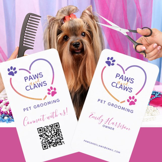 Neon Rosa Lila Pet Grooming QR-kod Visitkort (Skapare uppladdad)