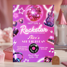 Neon Rosa Lila Rockstar Tonåring Girl Födelsedagsf Inbjudningar