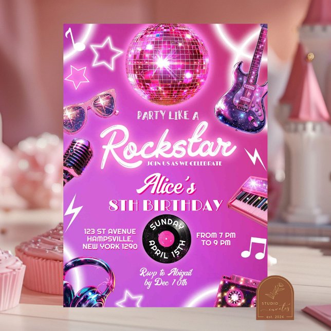 Neon Rosa Lila Rockstar Tonåring Girl Födelsedagsf Inbjudningar (Skapare uppladdad)