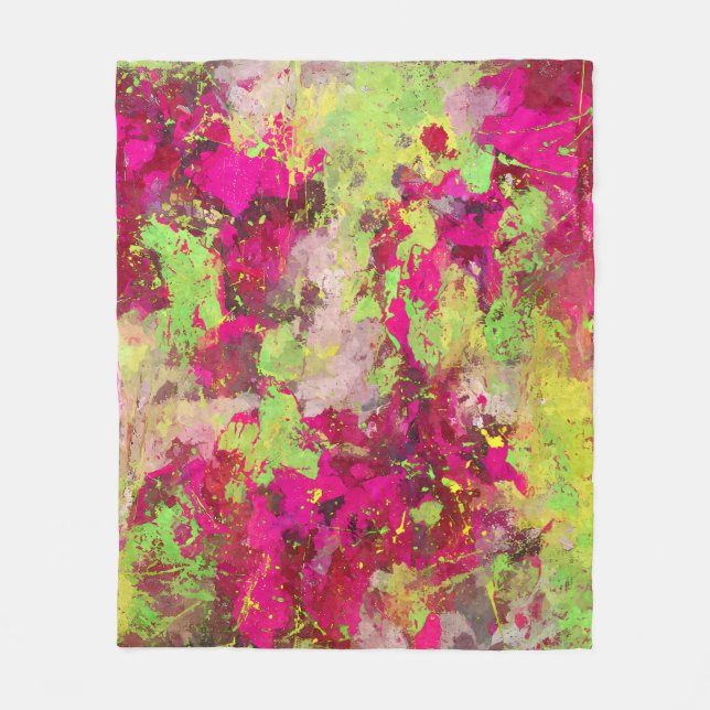 Neon Rosa Lime Abstrakt Splatterkonstfilt Fleecefilt (Framsidan)