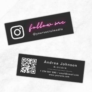 Neon Rosa Minimalistisk Följ Sociala Medier QR-kod Mini Visitkort