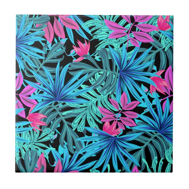 Neon Rosa och Blue Tropical Plant Mönster Kakelplatta (Framsidan)