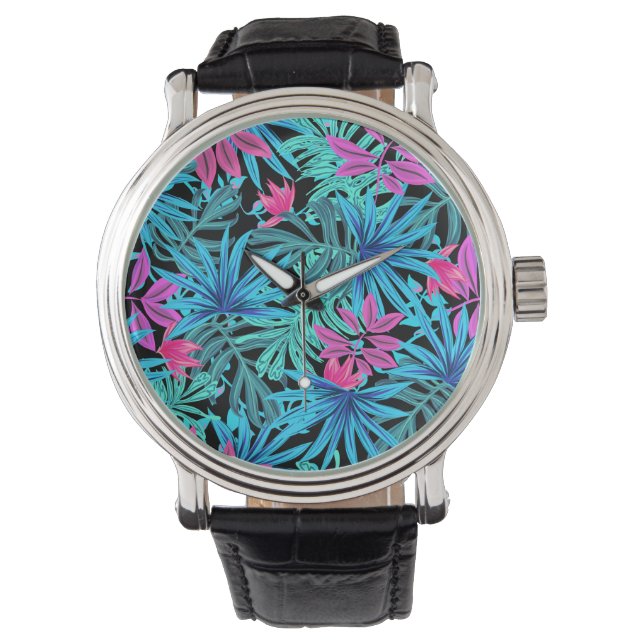 Neon Rosa och Blue Tropical Plant Mönster Watch Armbandsur (Framsida)