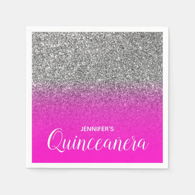 Neon Rosa och Silver Glitter Ombre Quinceanera Pappersservett (Framsidan)