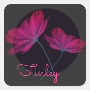 Neon rosa och svart blommor med namn Blommigt Fyrkantigt Klistermärke