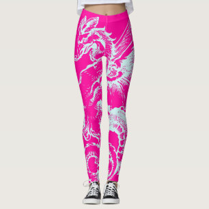 Neon Rosa och Teal Dragon Mönster Athletic Leggings
