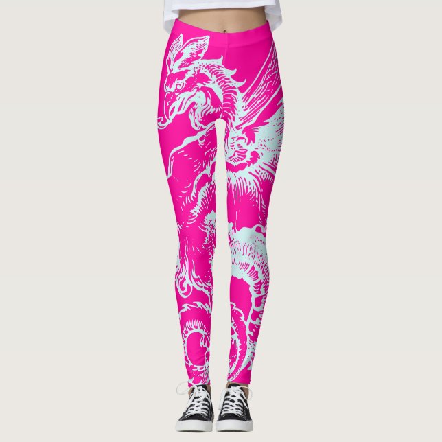 Neon Rosa och Teal Dragon Mönster Athletic Leggings (Framsida)
