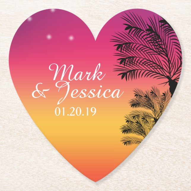 Neon Rosa Ombre Tropical Träd Sunset Beach Underlägg Papper (Framsida)