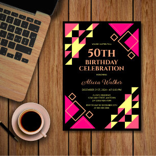 Neon Rosa Peach Triangle Geometric Black Birthday Inbjudningar