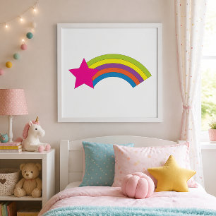 Neon Rosa Stjärna och Färgrik Regnbåge Nyckfull  Poster