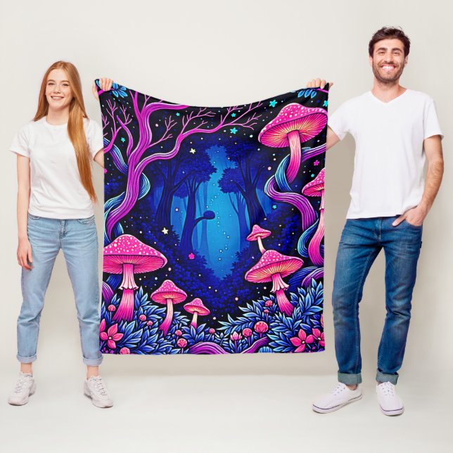 Neon Rosa Svamp Skogs Konst Fleecefilt (På plats)