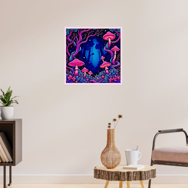 Neon Rosa Svamp Skogs Konst Poster (Vardagsrum 3)