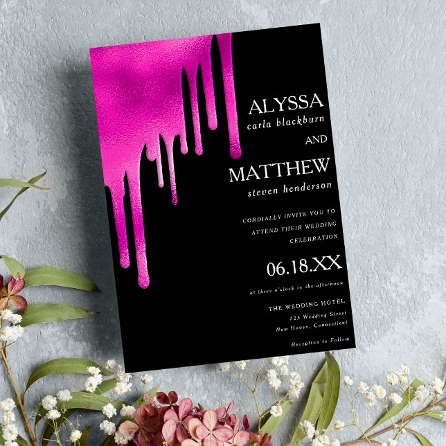 Neon rosa svarta vattenfärggradientdroppar bröllop inbjudningar (Neon pink black watercolor gradient drips wedding)