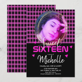 Neon Rosa Sweet Sixteen Guld Ring Foto Grid Inbjudningar