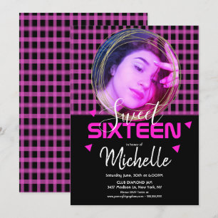 Neon Rosa Sweet sixteen Ring Fotorutnät för Guld Inbjudningar