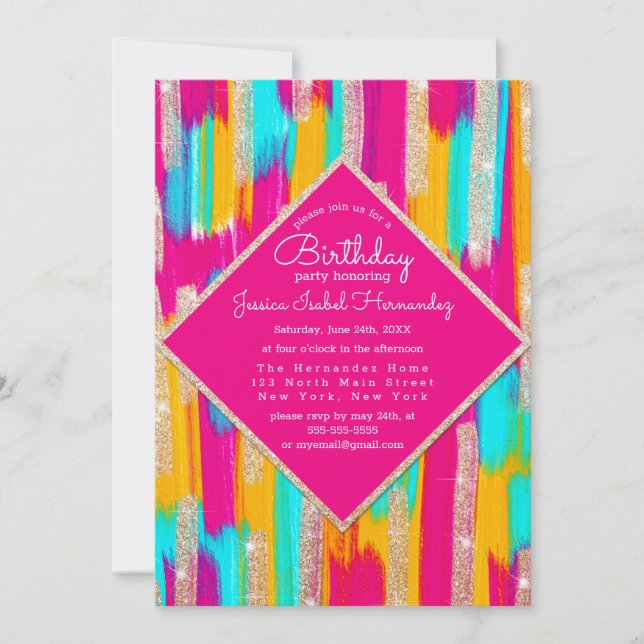 Neon Rosa Teal Gult Guld Glitter Paint Birthday Inbjudningar (Framsida)