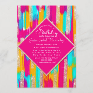 Neon Rosa Teal Gult Guld Glitter Paint Birthday Inbjudningar