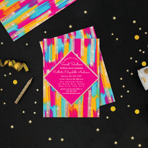 Neon Rosa Teal Gult Guld Glitter Paint Sweet 16 Inbjudningar