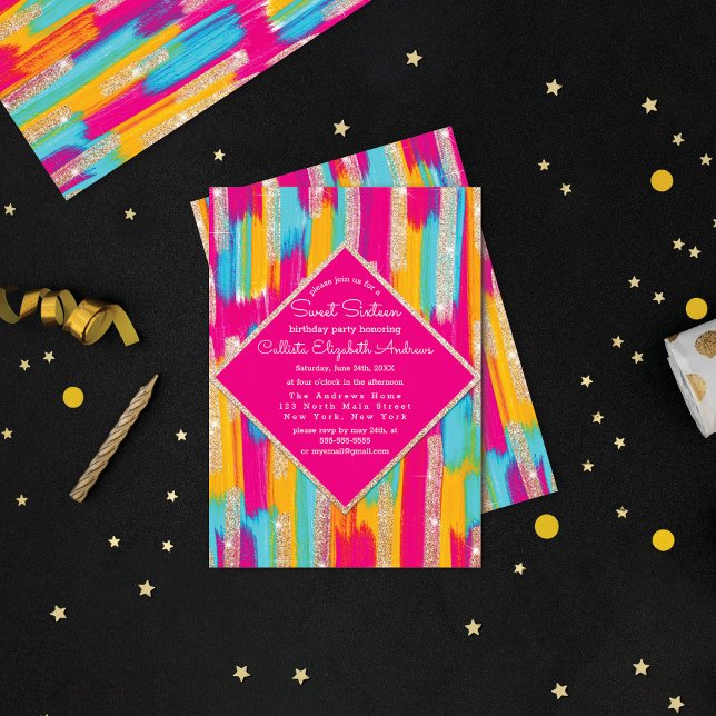 Neon Rosa Teal Gult Guld Glitter Paint Sweet 16 Inbjudningar (Skapare uppladdad)