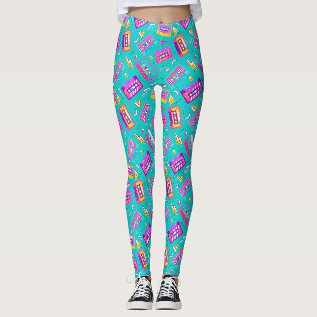 Neon Rosa Teal Trendig 80's Cassette Music Legging (Framsida)
