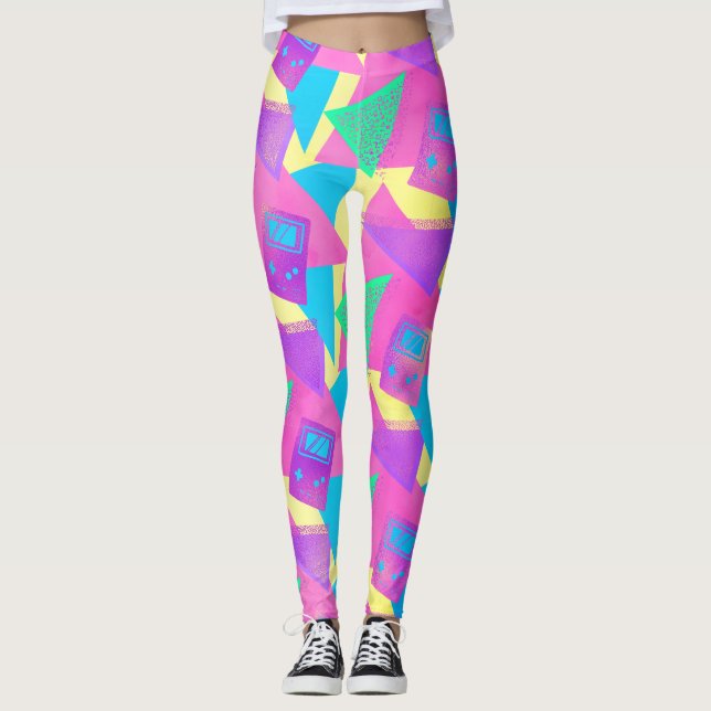 Neon Rosa Teal Trendig 80's Game Music Leggings (Framsida)