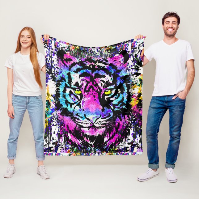 Neon Rosa Tiger Head Porträtt Fleece Blanket (På plats)