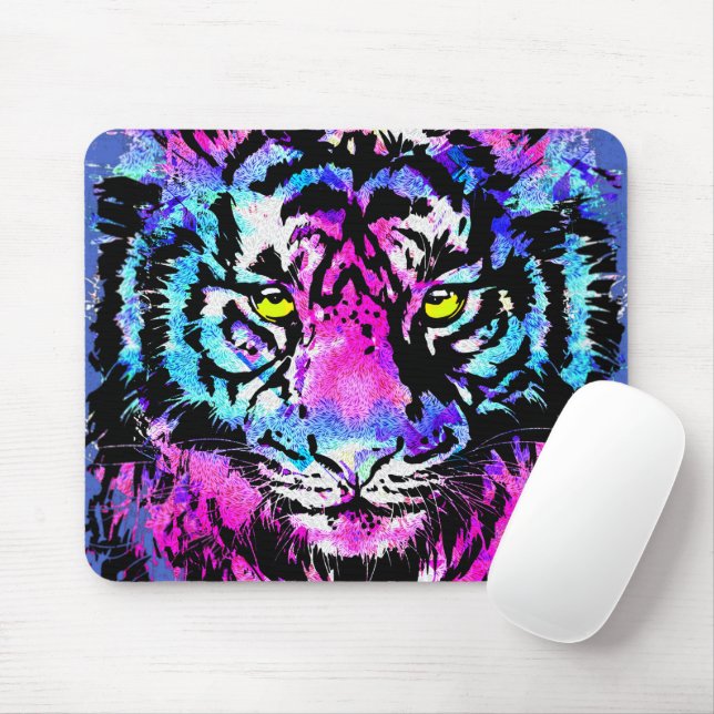 Neon Rosa Tiger Head Porträtt - Tiger Mouse Pad Musmatta (Med mus)