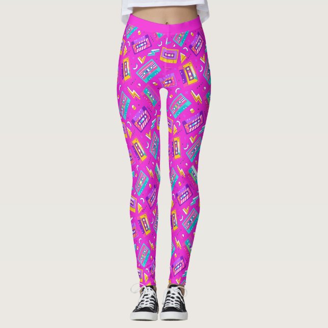 Neon Rosa Trendig 80's Cassette Music Leggings (Framsida)